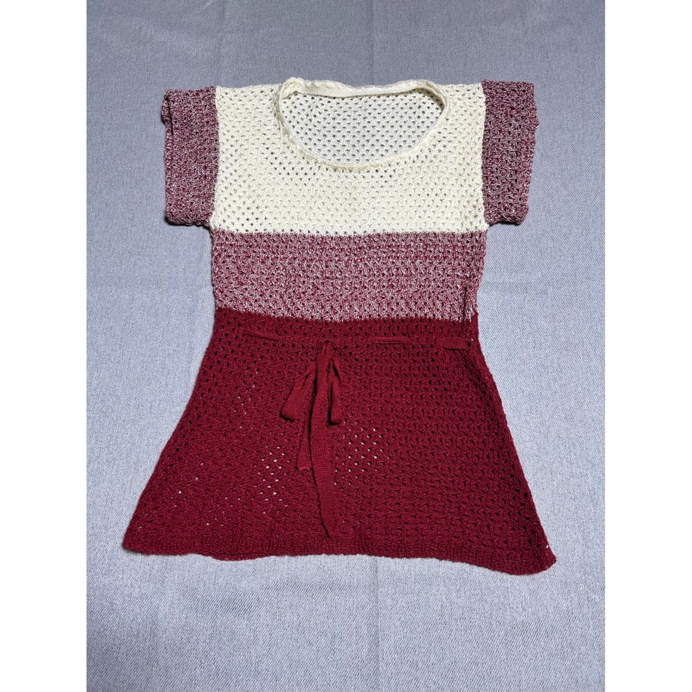 Crochet Knit Tunic Top Womens Size Small Boho Colorblock Tie Waist